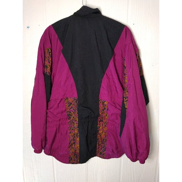 Vtg 80s Nike Track Jacket Women M Black Maroon Bold Pattern Festival Windbreaker - Picture 4 of 8